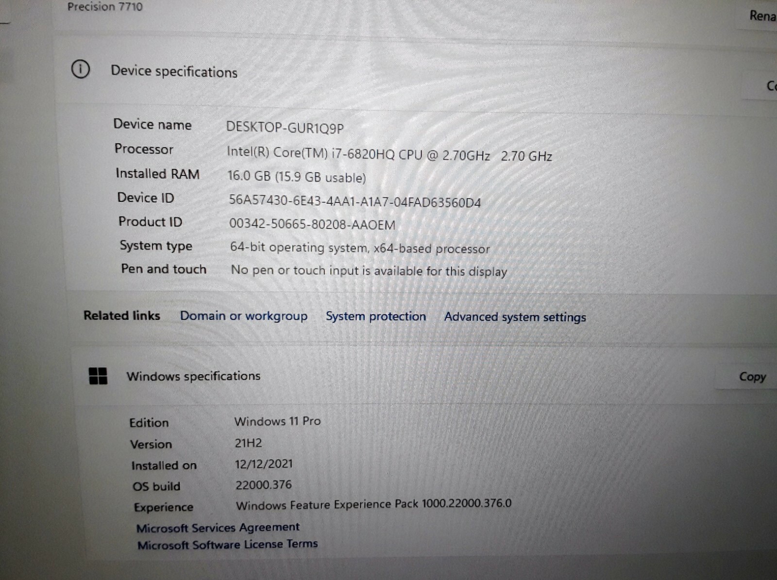 Dell Precision 7710 I7-6820hq 2.7-3.6Ghz 16GB 512GB SSD NVIDIA P3200 AX200 W11