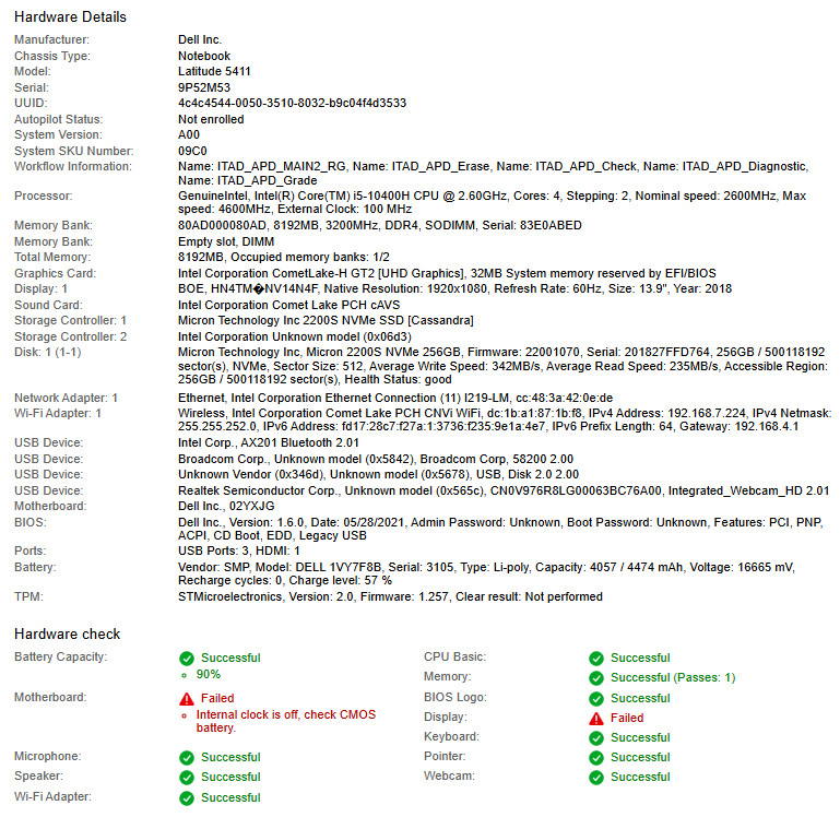 Dell Latitude 5411, i5-10400H CPU, @ 2.60GHz, 8GB RAM, 256GB NVMe-No OS/Charger