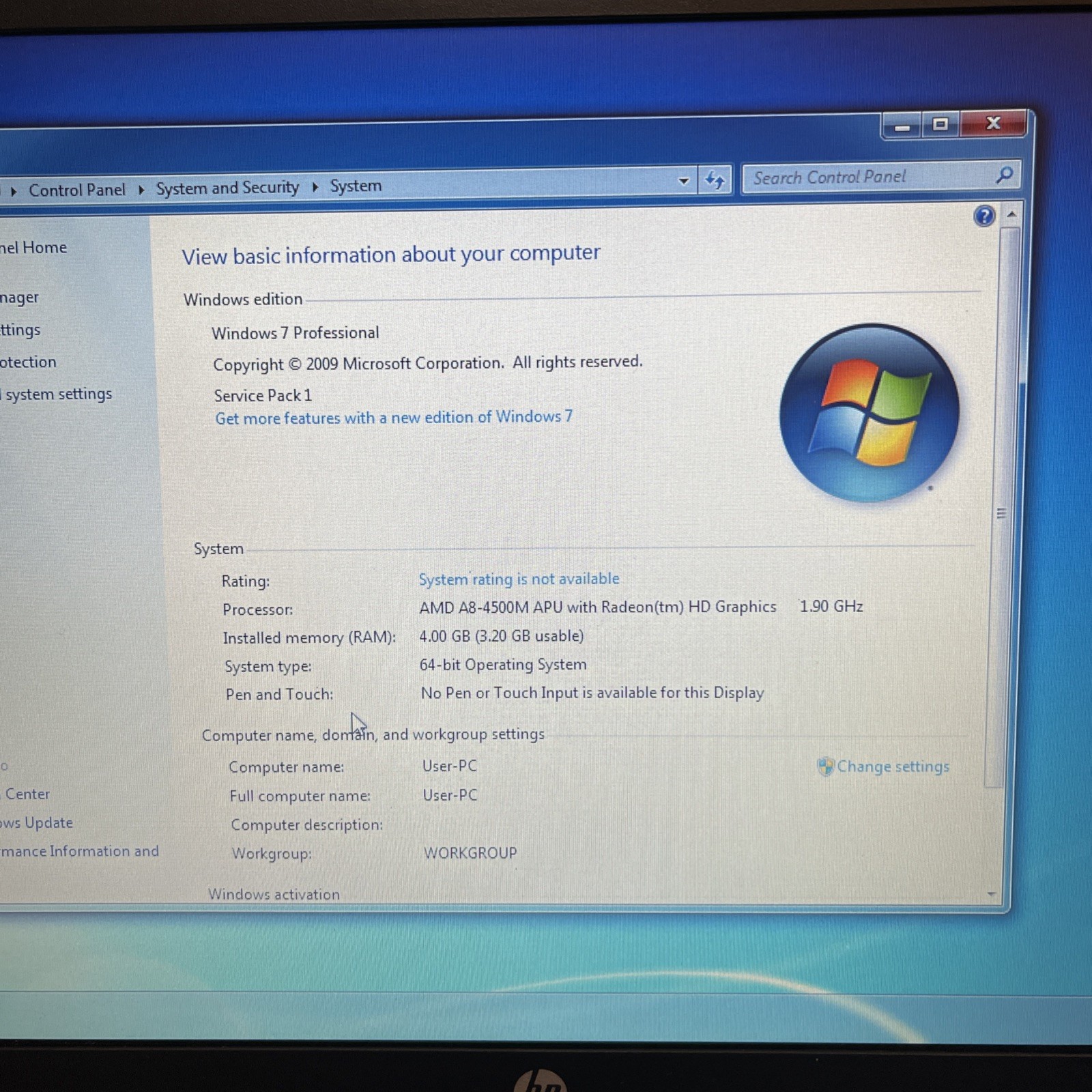 HP ProBook 6475b 14” Windows 7 Laptop AMD A8, 4gb, 120gb SSD, DVD, No Battery