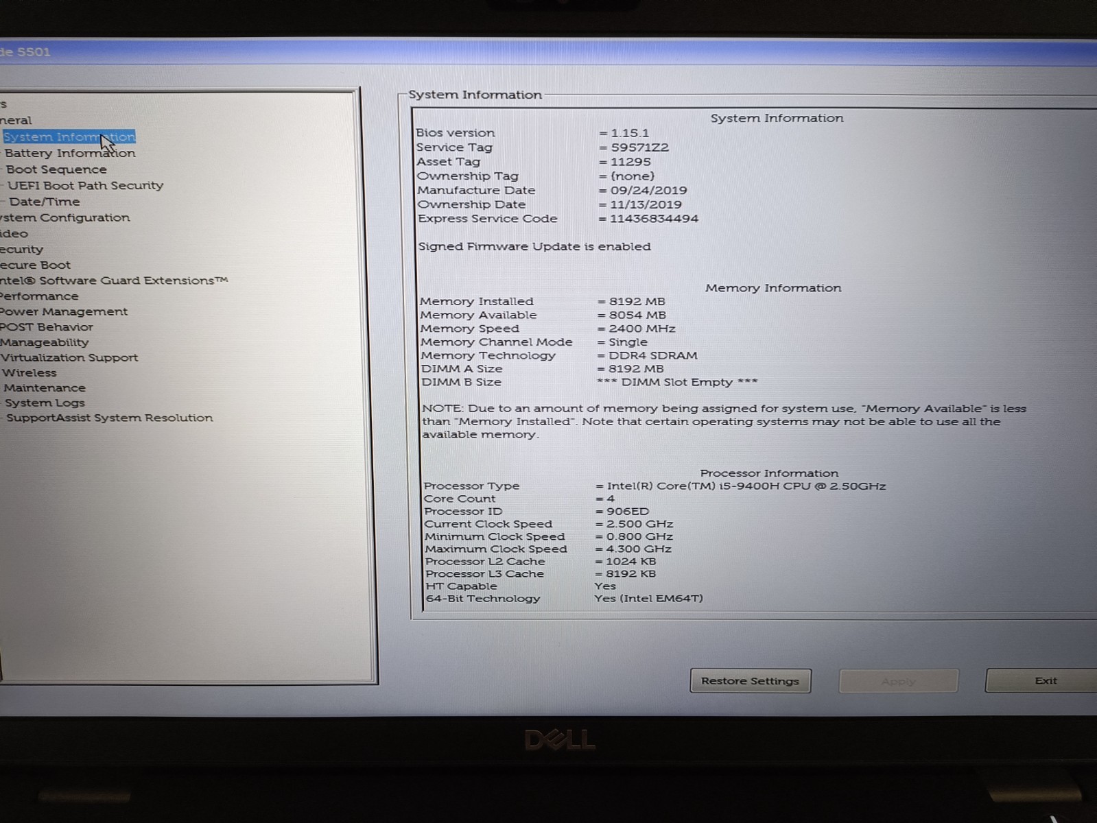 Dell Latitude 5501 15.6 i5-9400H 2.5GHz 8GB RAM WIN11 Pro NO SSD NO A/C