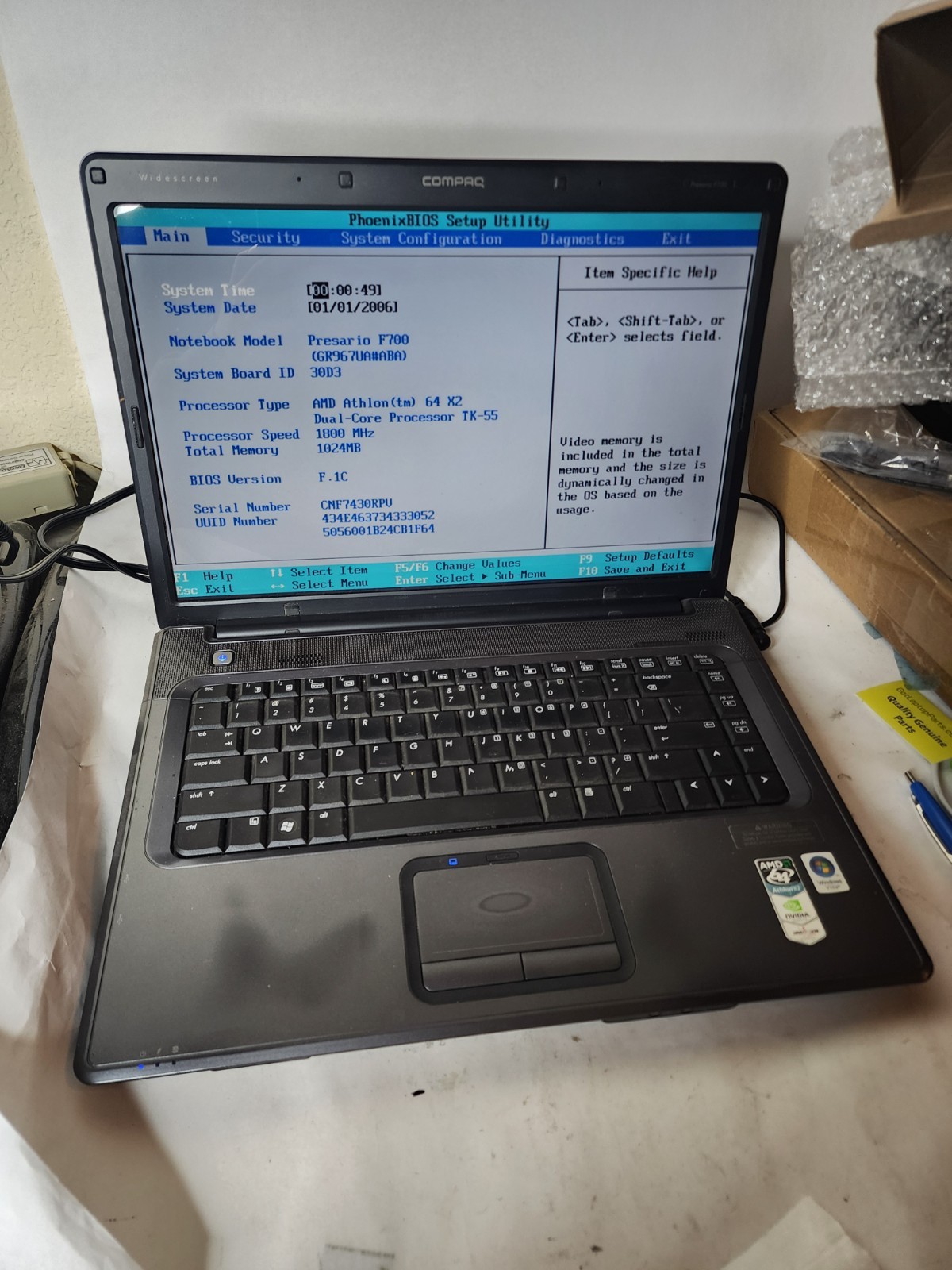 Compaq Presario F700 Laptop AMD Athlon 64 x2 2GHz 1GB 120gb HDD Nvidia GPU READ