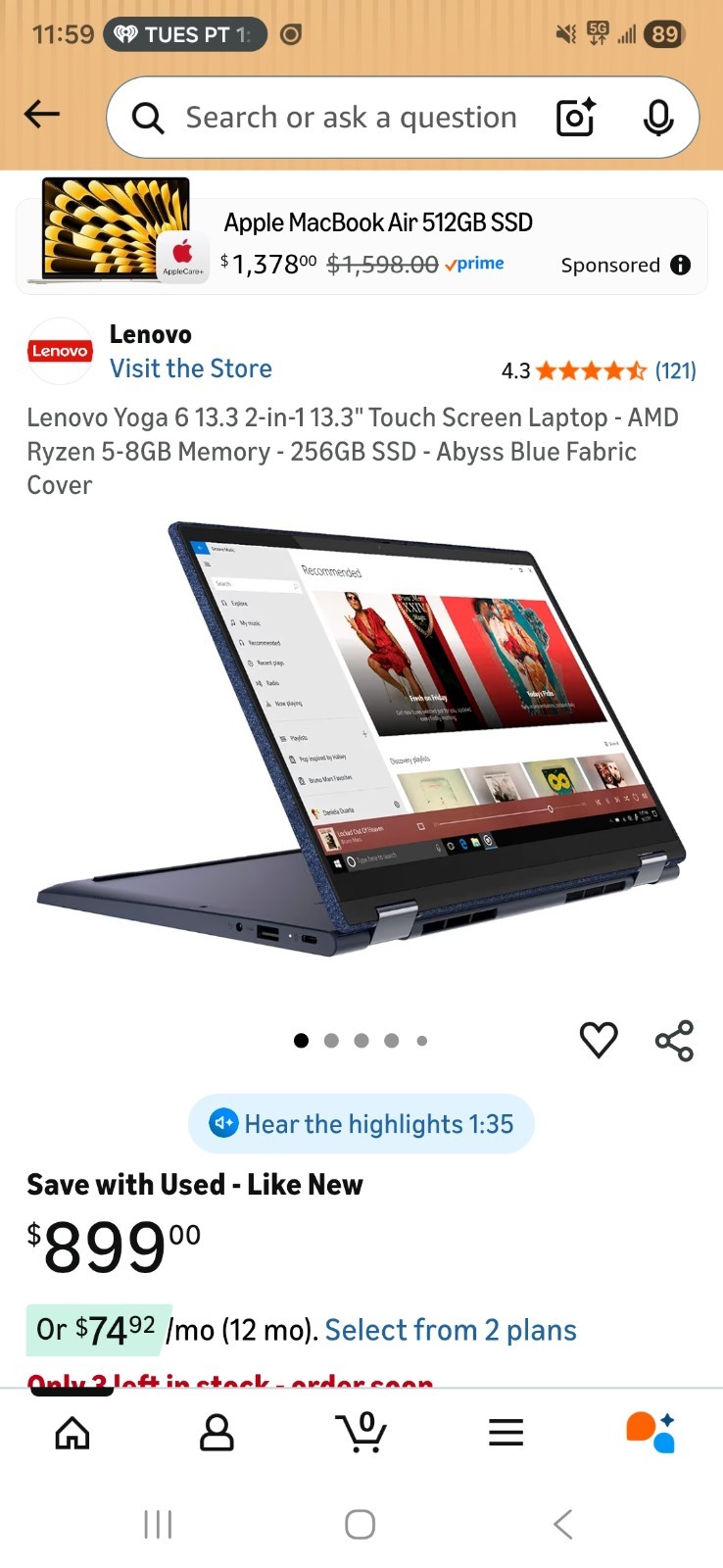 Lenovo Yoga 6 13.3″ Touchscreen Laptop AMD Ryzen 5 8GB 256GB SSD Abyss Blue