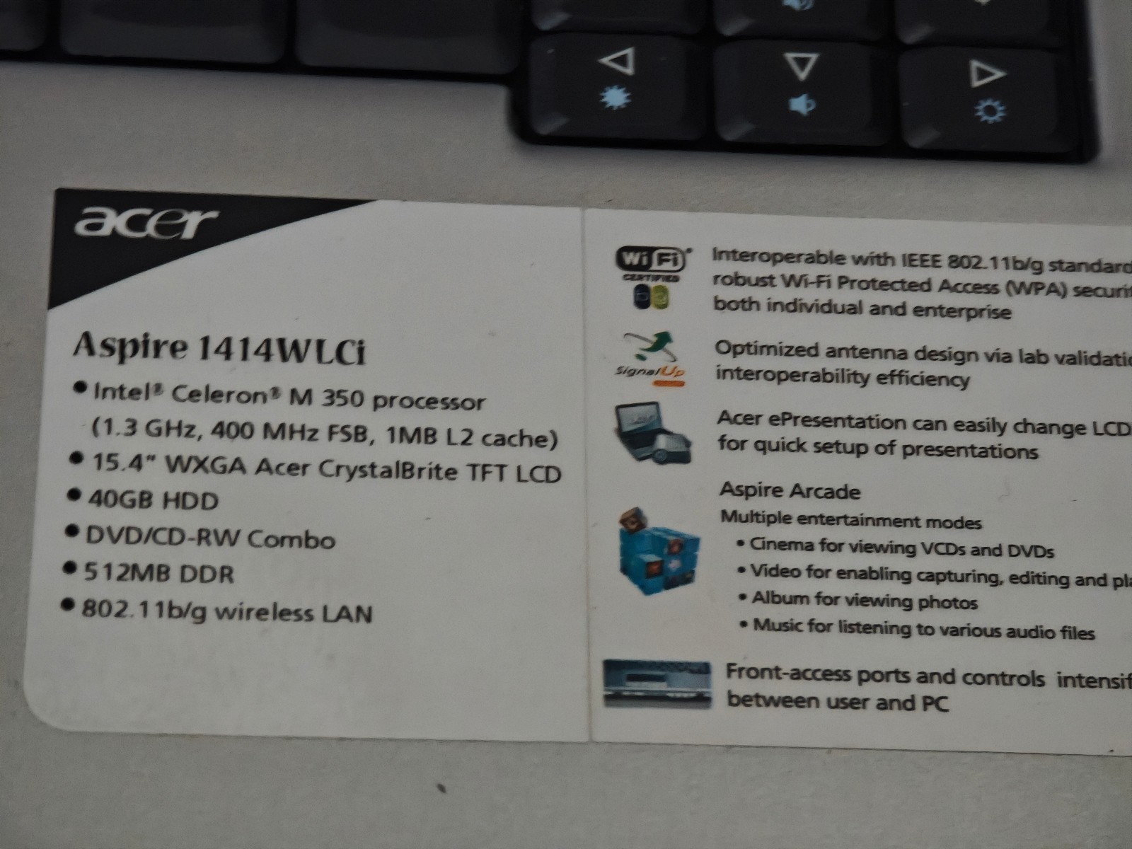 Acer Aspire 1414WLCi ZL1 1410 – 40GB HDD, 512MB RAM, Intel Celeron M, Win XP
