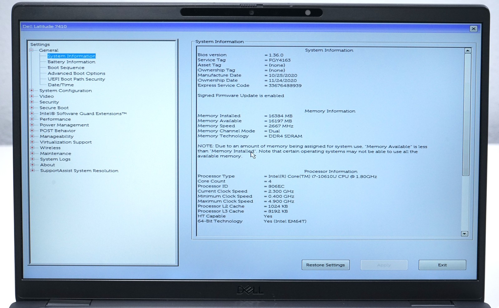 Dell Latitude 7410 Laptop Intel Core i7-10610U @1.80GHz 16GB RAM (No SSD)