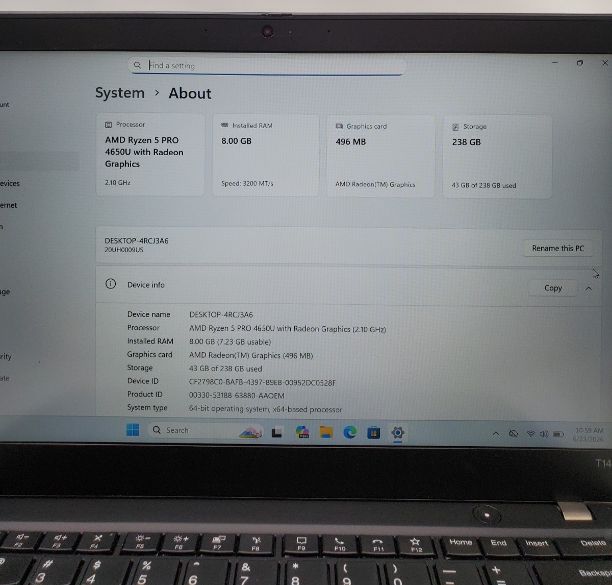 Lenovo ThinkPad T14s GEN 1 AMD Ryzen 5 PRO 4650U @ 2.10GHz 256GB SSD 8GB RAM