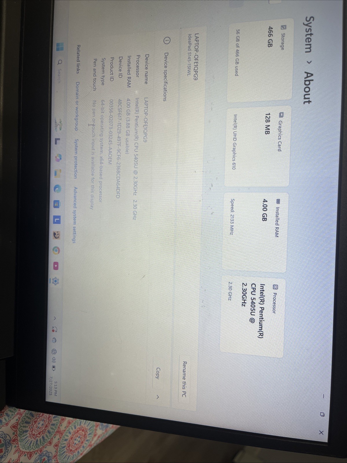 Lenovo IdeaPad S145-15IWL 14″ Intel Pentium 5405U 4GB Ram 1TB HDD Win11H Laptop