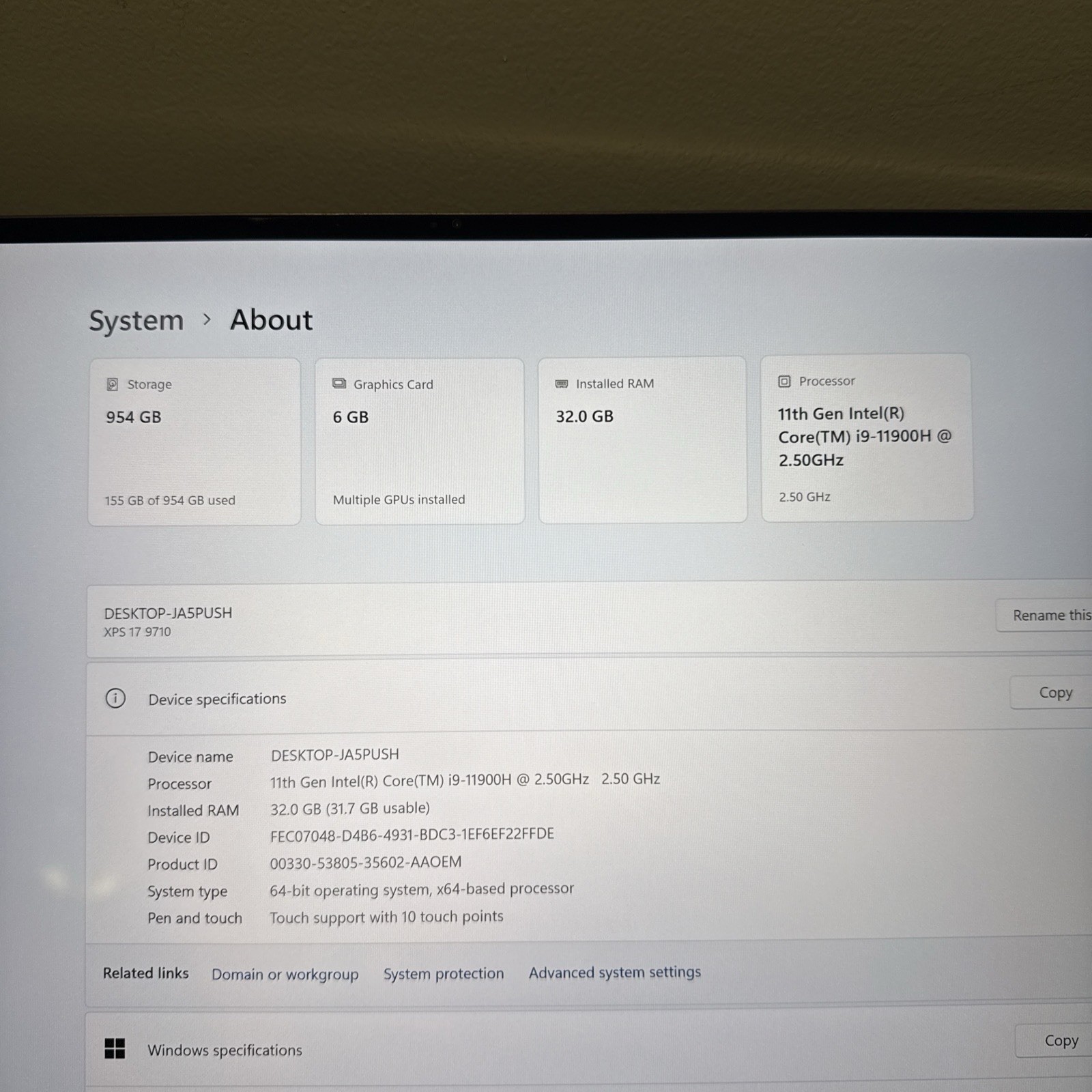 Dell XPS 17 9710 UHD+ TOUCH i9-11900H 2.50GHz 32GB 1TB SSD RTX 3060 Very Good