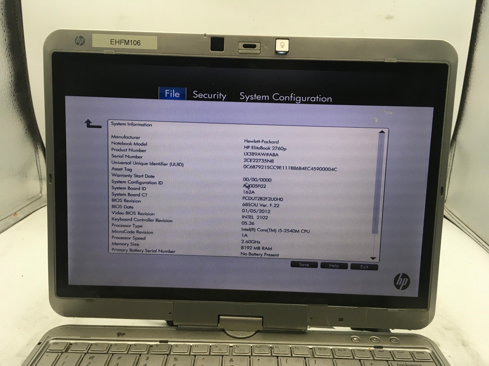 HP ELITEBOOK 2760P – BOOTS TO BIOS – INTEL I5 2540M – NO RAM – READ DESCRIP – BB