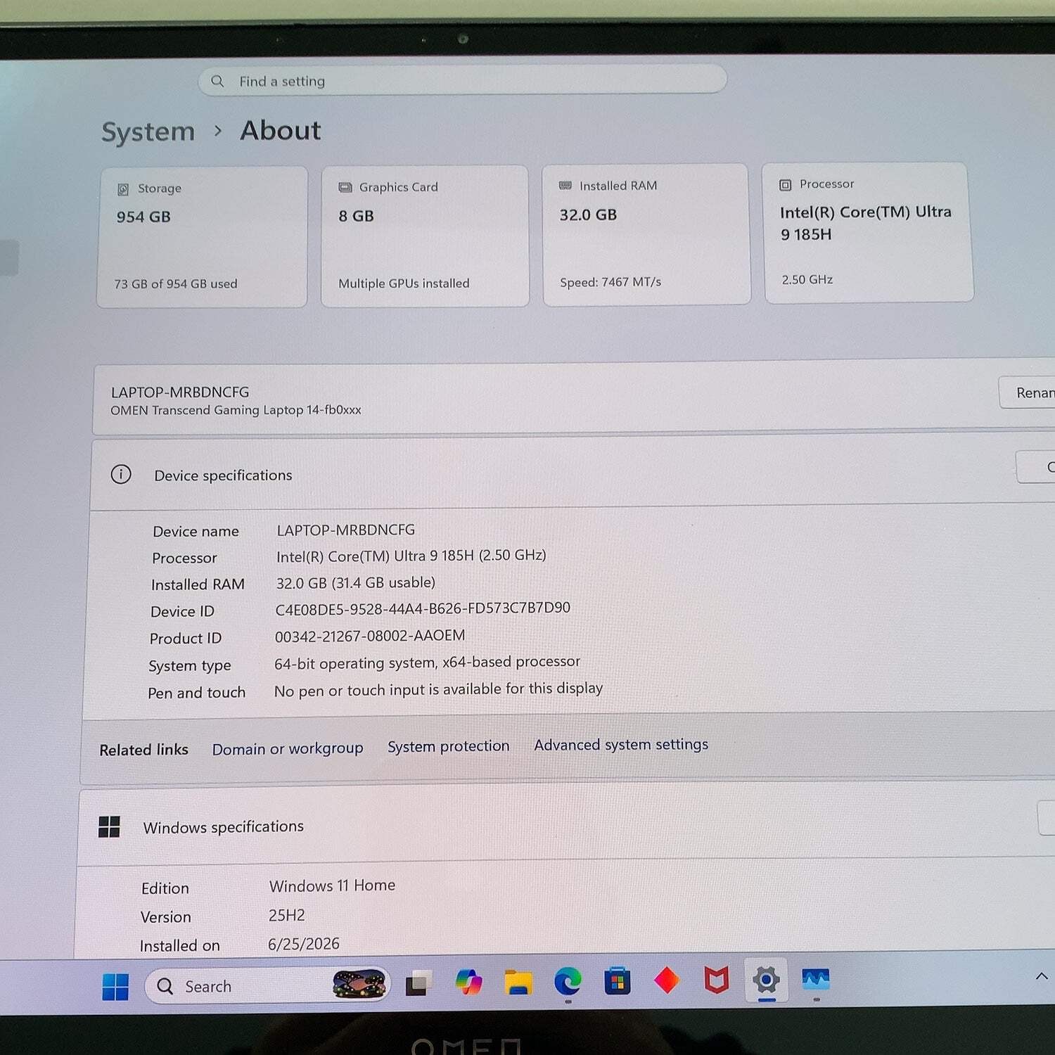 HP Omen 14-FB0023DX Core Ultra 9 185H 2.5GHz 32GB RAM 1TB SSD GeForce RTX 4070