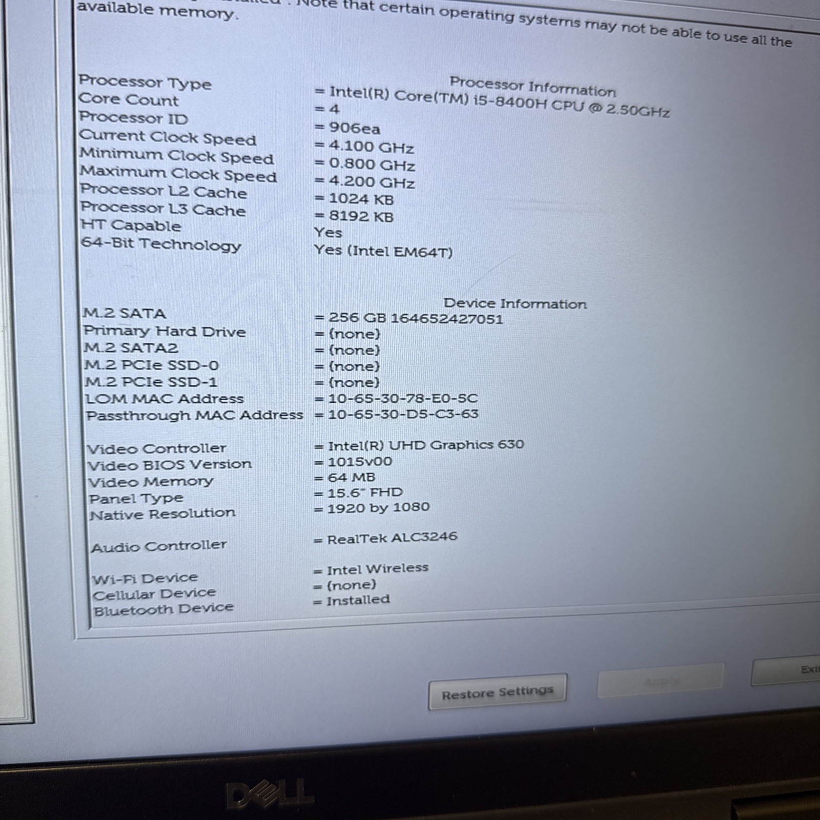 Dell Latitude 5591 i5-8400H 8GB RAM 256GB SSD 15.6” Win 11 Pro Charger