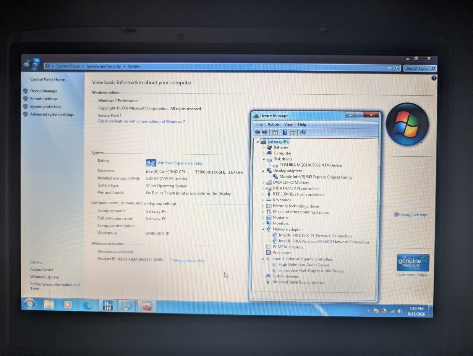 15″ Gateway M465-E | Core 2 Duo T5500 4GB RAM 320GB HDD | Win 7 Pro | DVD
