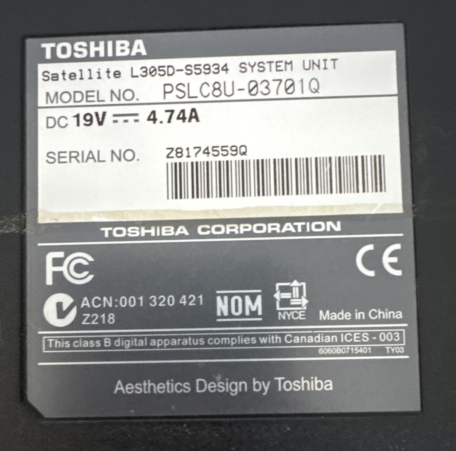 Toshiba Satellite Laptop PSLC8U-03701Q 3GB SDRAM 250GB Hard Drive Read