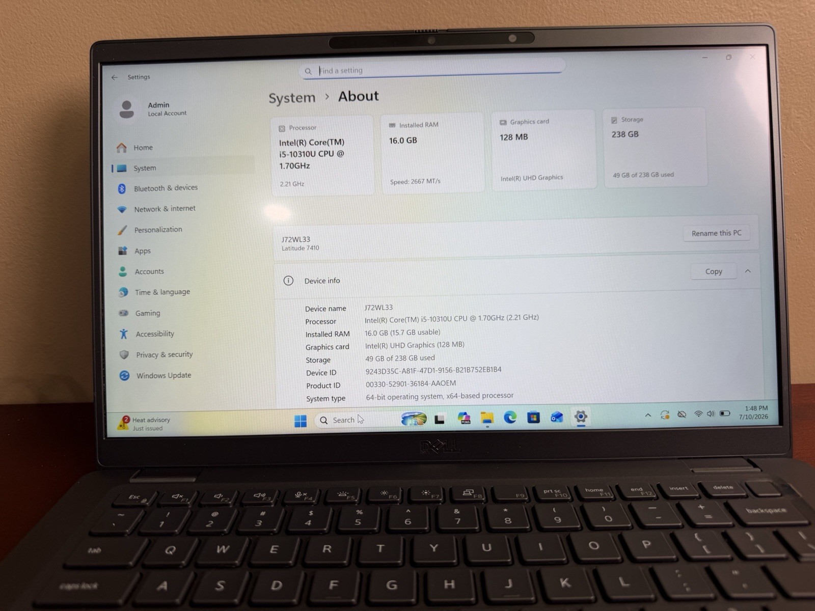 Dell Latitude 7410 14″ FHD Touchscreen i5-10310U 16GB RAM 256GB NVMe SSD Win 11