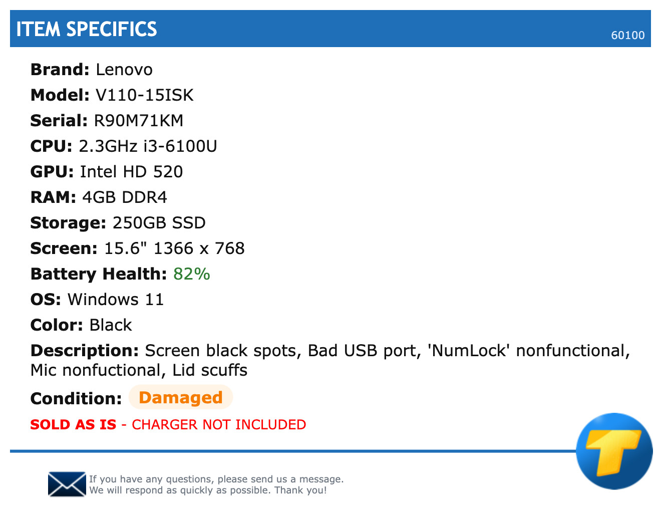 Lenovo V110-15ISK – 15.6″ HD, 2.3GHz i3, 4GB RAM, 250GB SSD, Windows 11