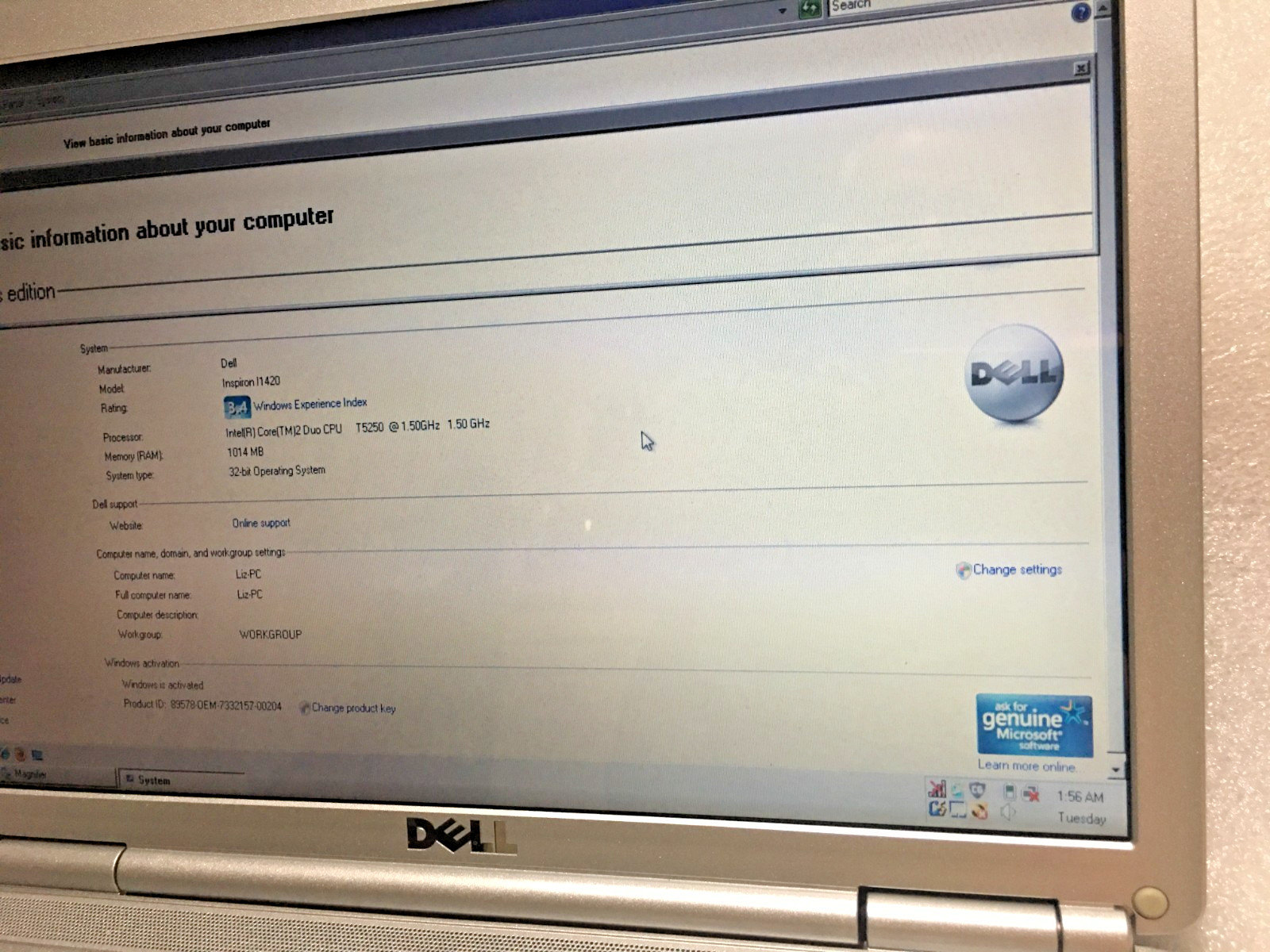 Dell Inspiron 1420 14″ Laptop Intel Core 2 Duo 1014MB Intel (R) Cote (TM) 2 DUO
