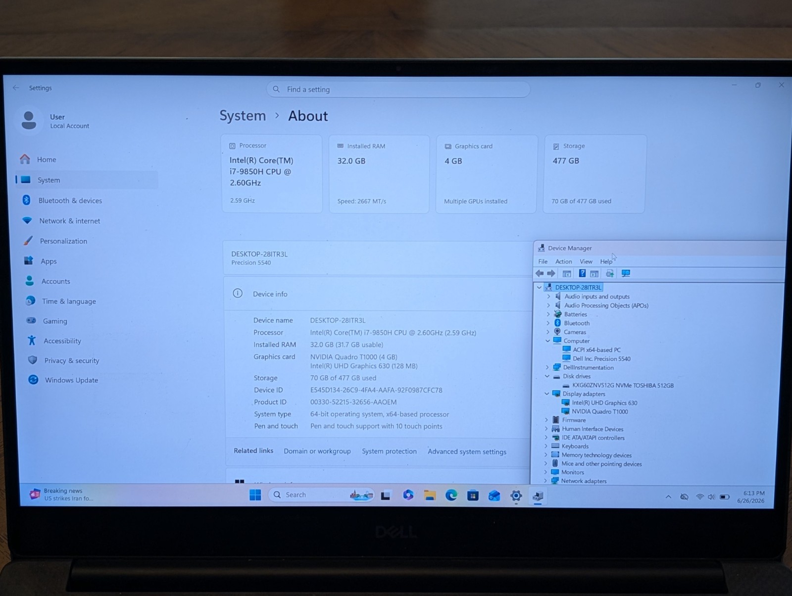 Dell Precision 5540 15.6″ Core i7-9850H 32GB RAM 512GB SSD Quadro T1000 Win 11