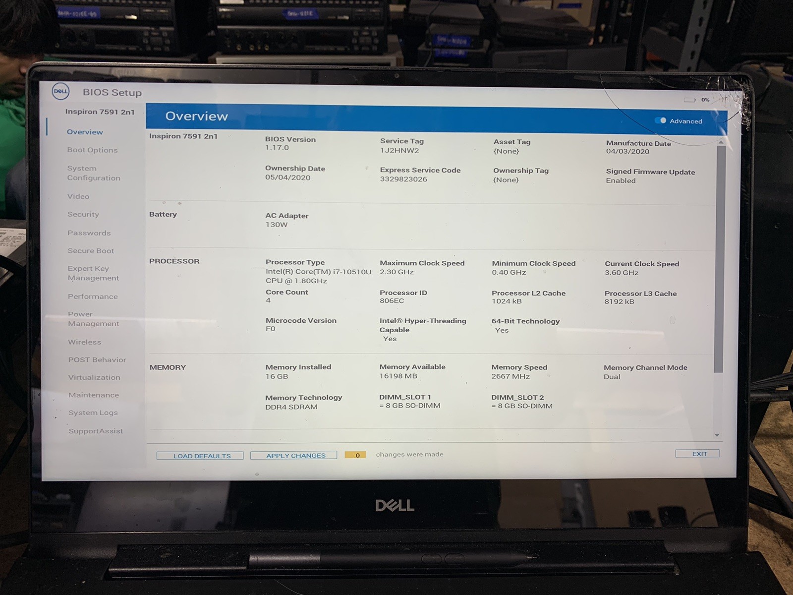 Dell Inspiron 7591 2n1 Intel Core i5-10210U@1.80GHz 16GB DDR4 RAM NO SSD/HDD