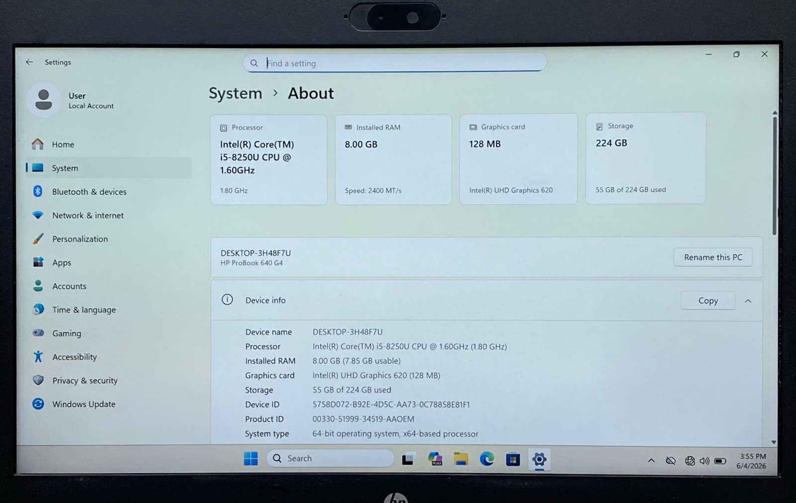 HP ProBook 640 G4 Core i5-8250U @ 1.60GHz 8GB RAM 256GB SSD Windows 11 Pro.