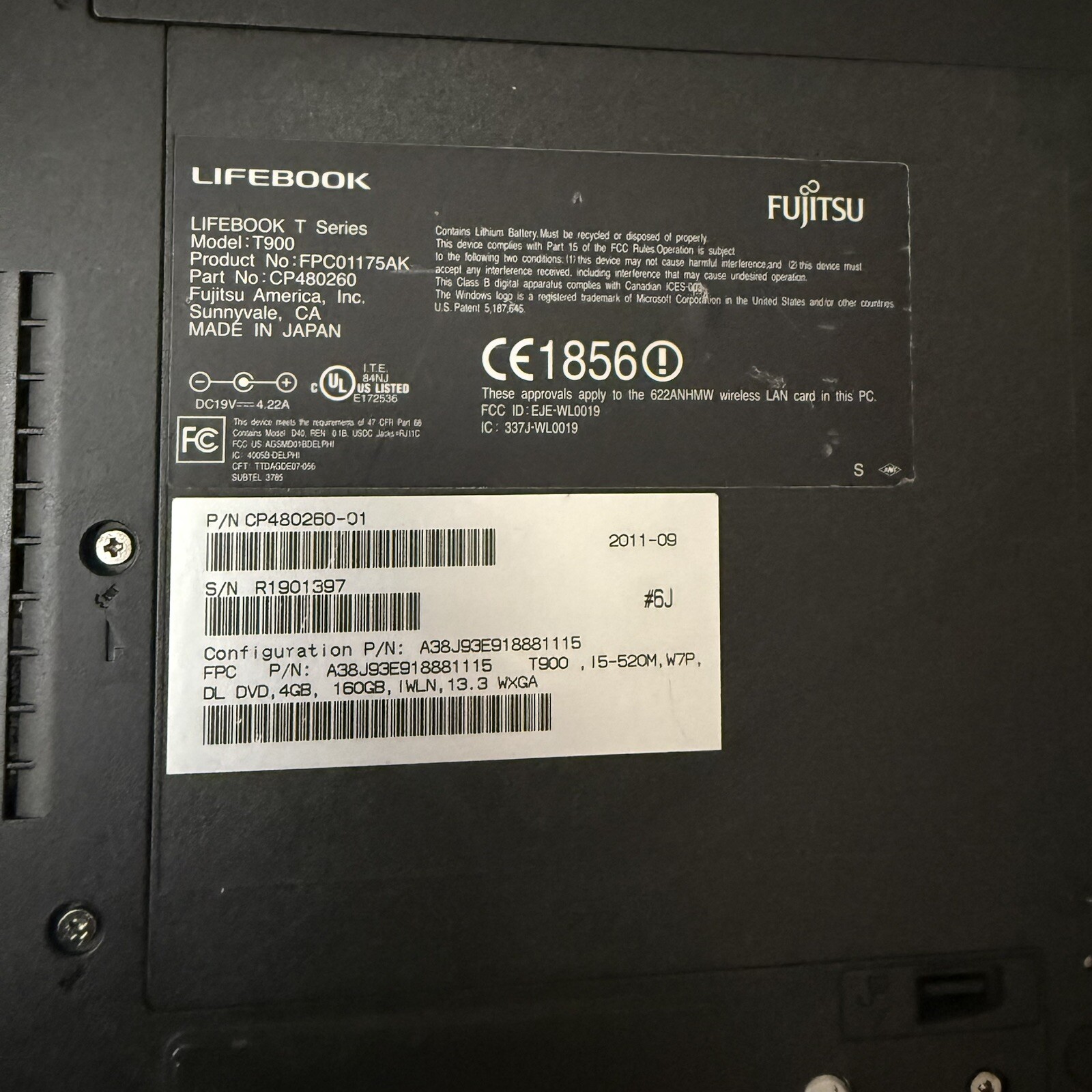 Fujitsu Lifebook T900, Intel core i5-M520 @2.40GHz, 6GB Ram Windows Vista