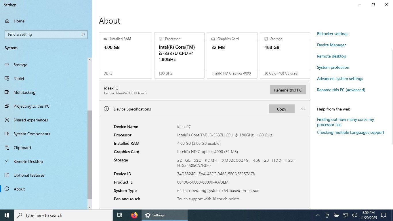 Lenovo IdeaPad U310 Touch Intel Core i5-3337U 1.8GHz 4GB RAM 500GB HD Win10