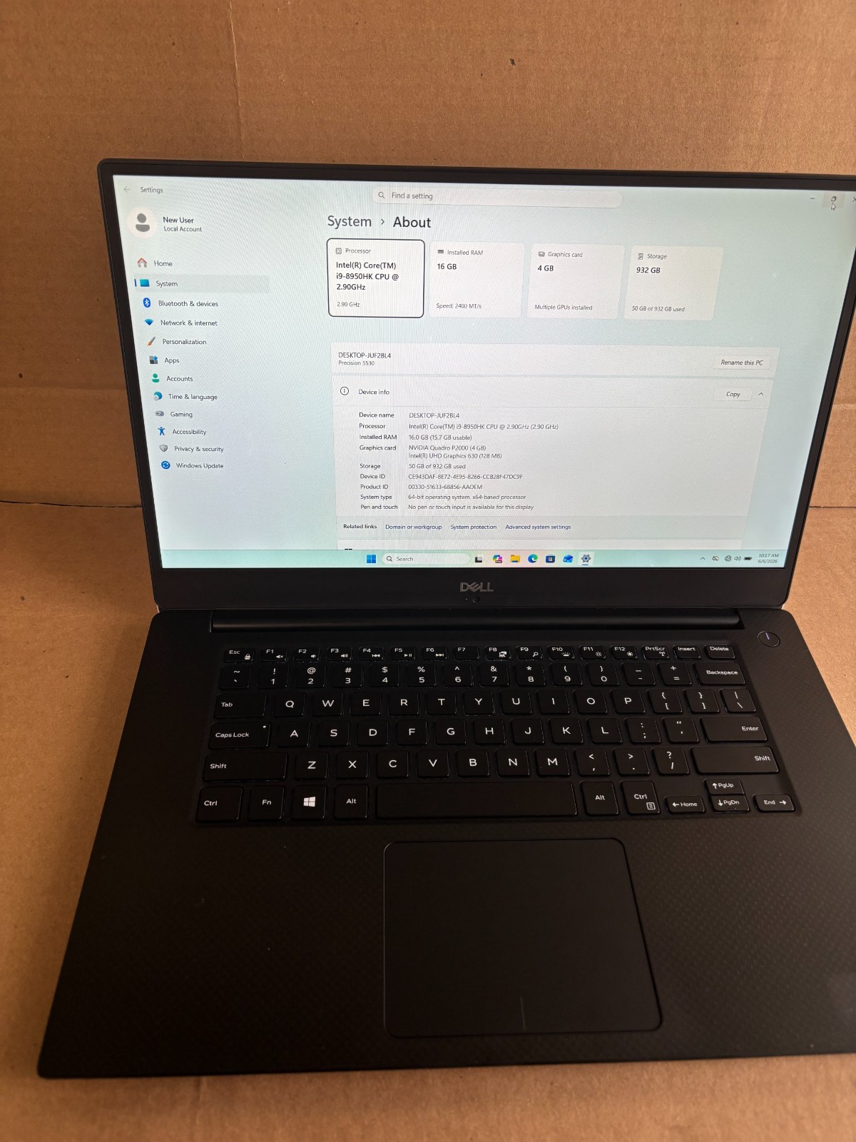DELL PRECISION 5530 i9-8950HK 2.9GHZ RAM 16GB SSD 1TB QUADRO P2000 4GB BLUETOOTH