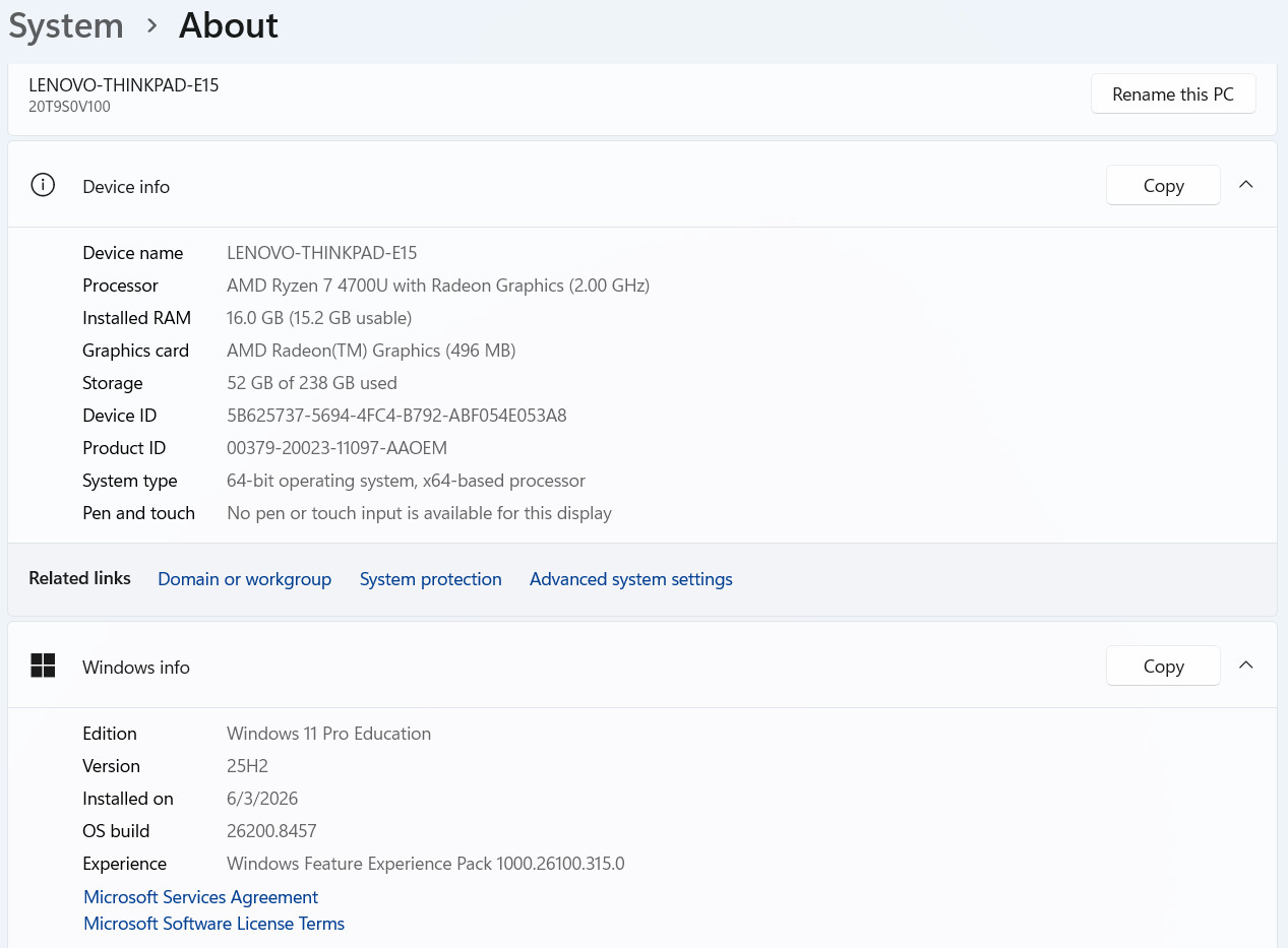 Lenovo ThinkPad E15 Gen 2 AMD Ryzen 7 4700U 16GB RAM 256GB SSD Windows 11 Pro