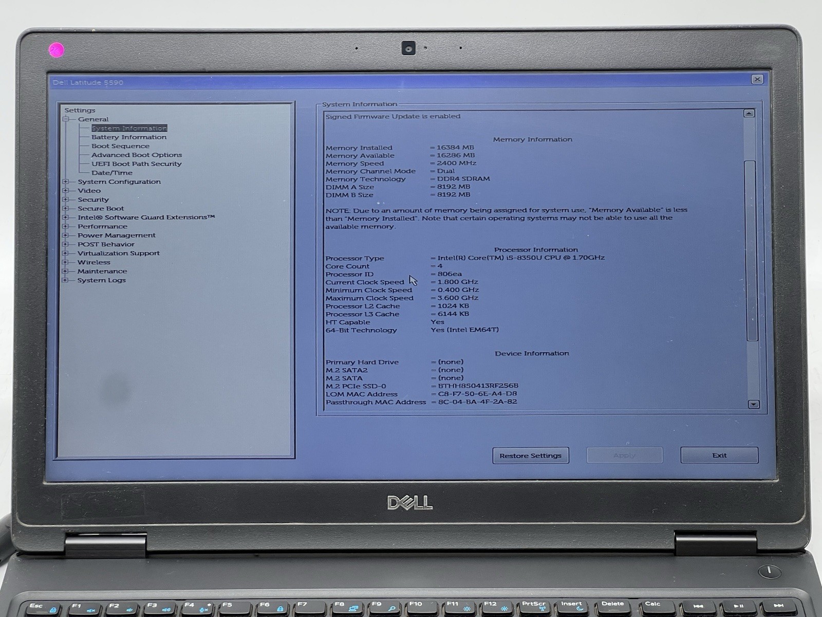 Dell Latitude 5590, i5-8350U, @1.70GH, 16GB RAM, 256GB NVMe-No OS, w/Charger