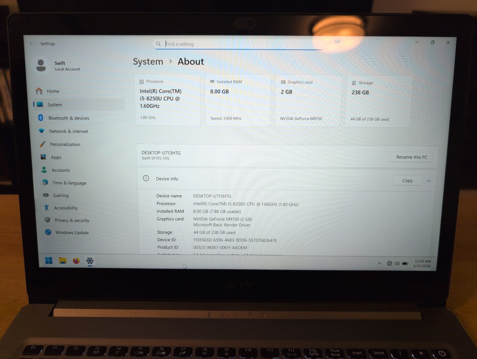 Acer Swift 15.6″ Laptop i5-8250U – 8GB RAM – 256GB SSD – MX150 GPU – Windows 11