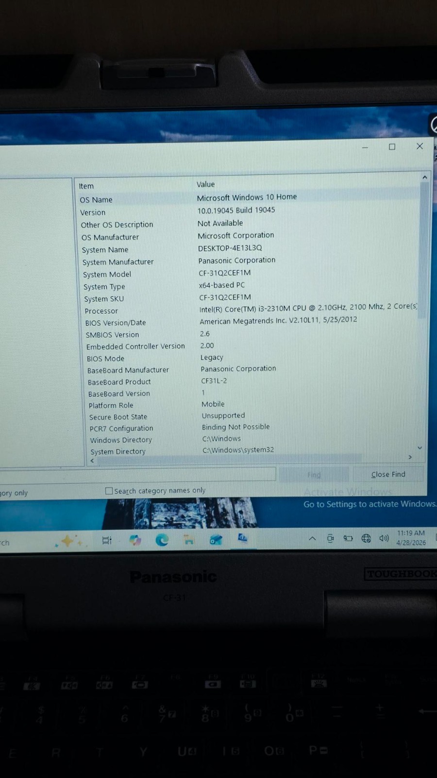 Panasonic Toughbook CF-31 – Intel i3 2310M – 8gb RAM – 320gb SSD Win 10 Pro