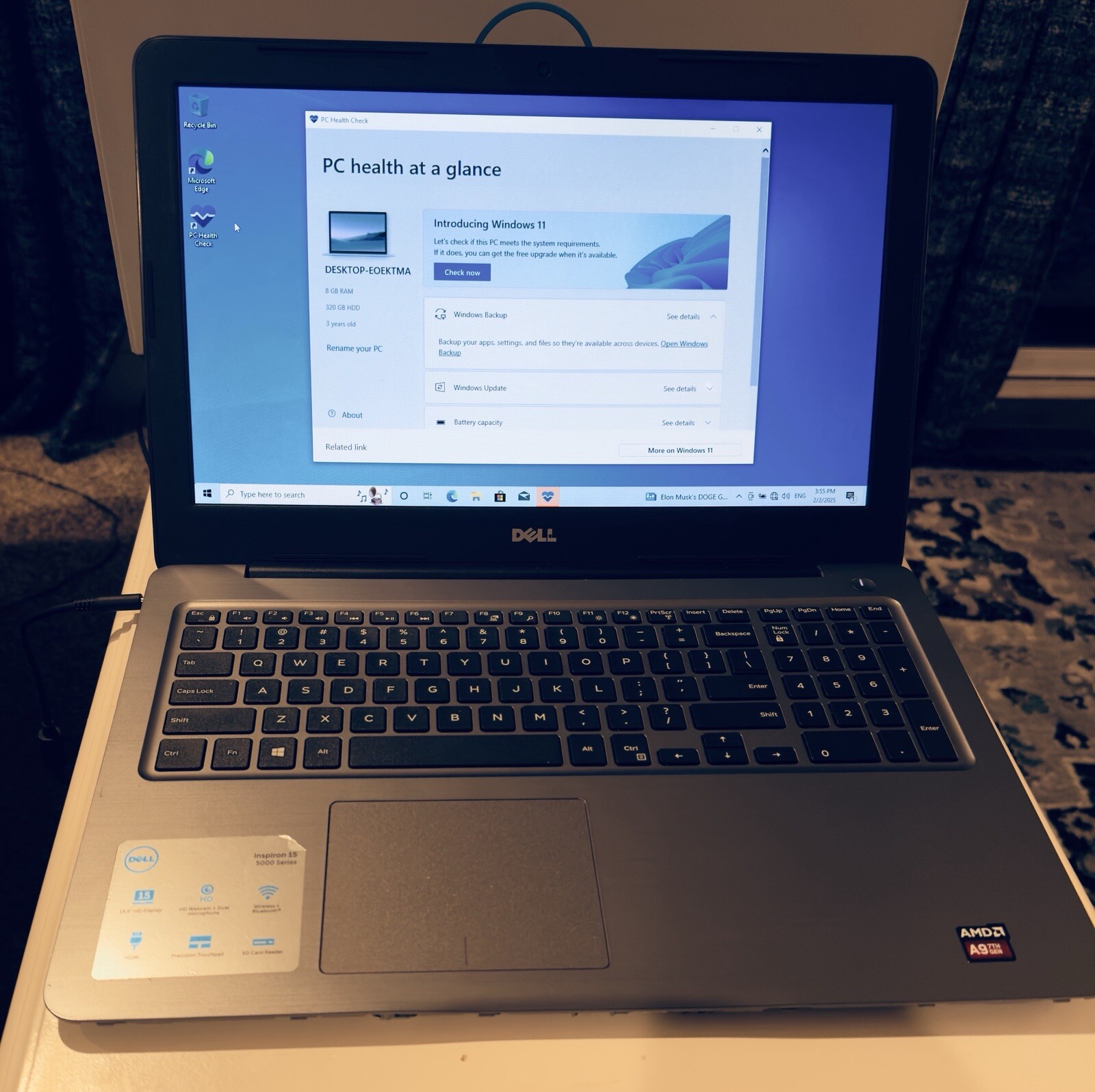 Dell Inspiron 5565 AMD A9 7th Gen. Dell Adapter 45W. No RAM, No HDD See Pictures