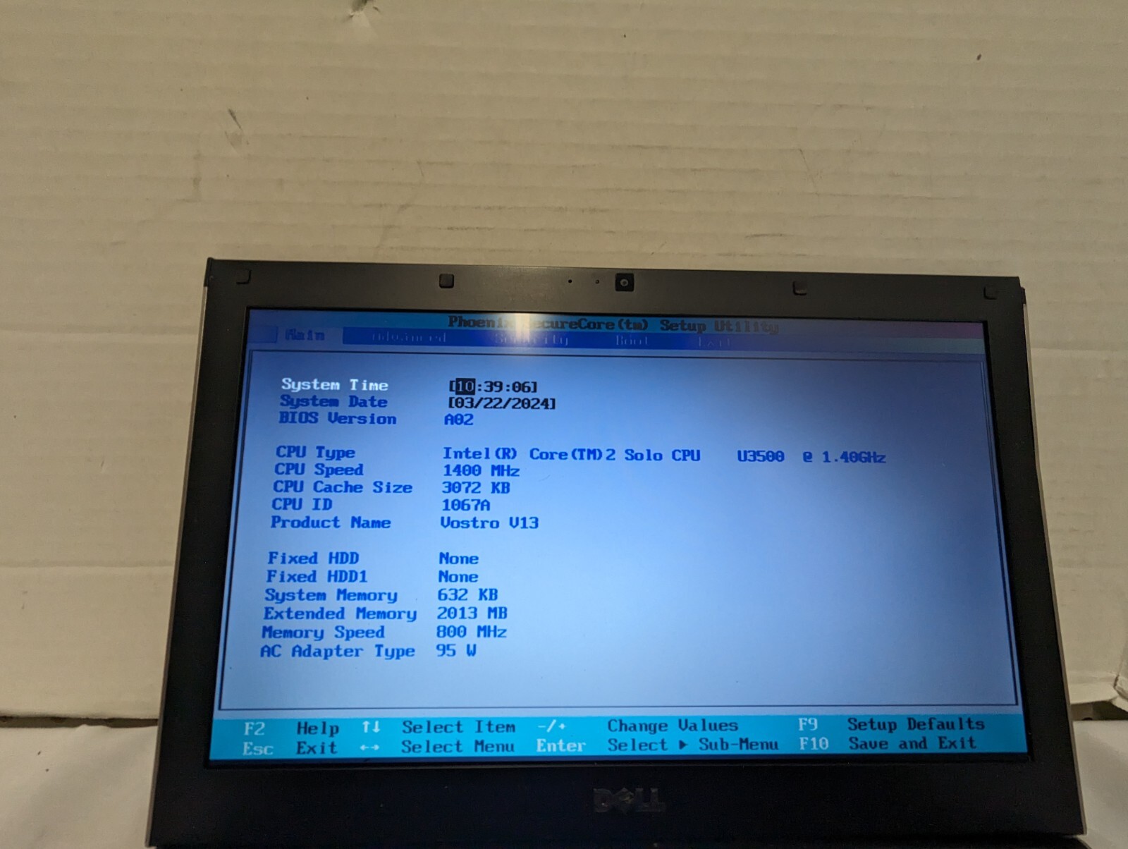 Dell Vostro V13 13″ laptop intel core 2 Solo U3500 1.40GHZ 2gb ram no hdd