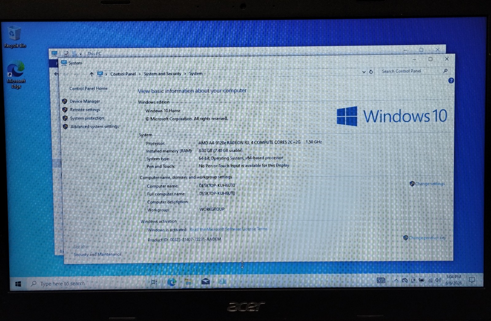 Acer Aspire 3 N19H1 15.6″ Laptop AMD A4-9120e Radeon R3 8GB RAM 1TB W10H H4071