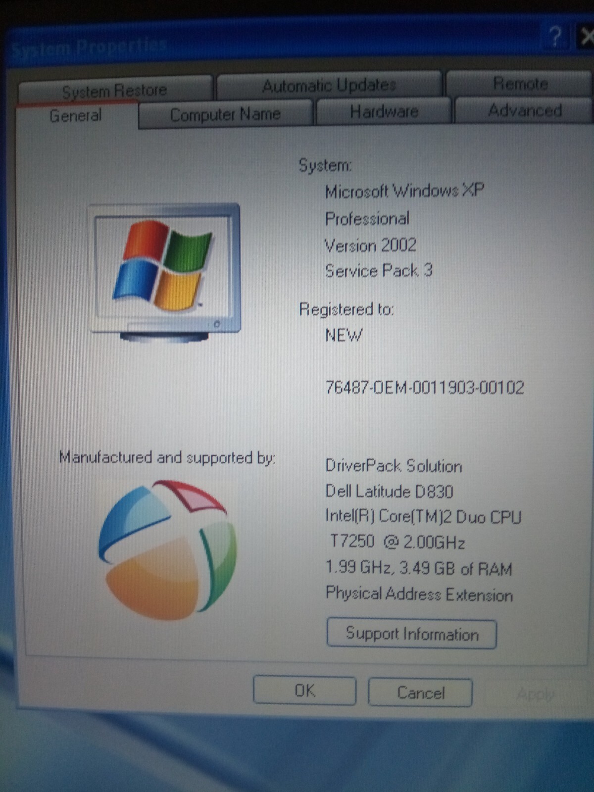 DELL LATITUDE D830 T7250 2.00GHZ 4GBRAM 256GBSSD WINXPSP/3 OFFICE 2007