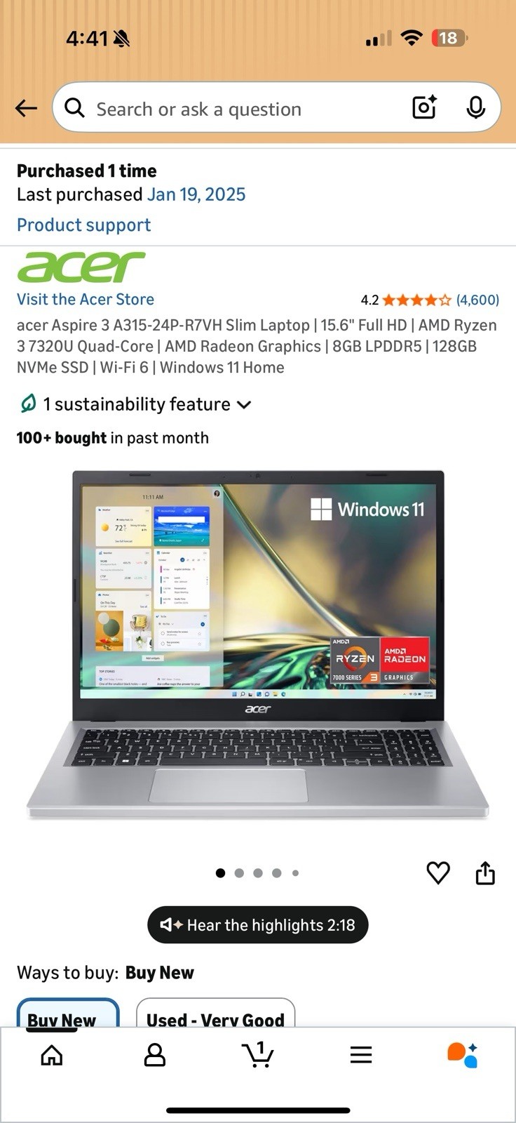 Acer Aspire A315-24P 15.6″ Ryzen 3 7320U 8GB 256GB SSD Win 11 Silver
