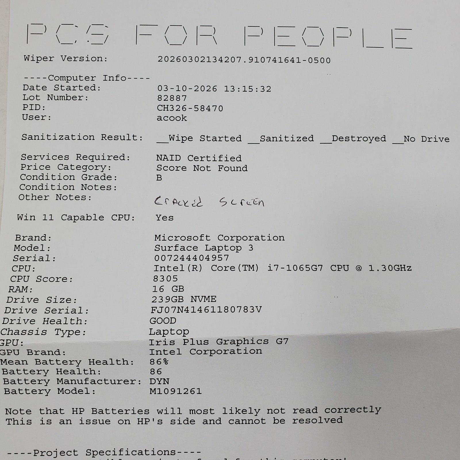 Surface Laptop 3 Intel Core i7-1065G7 1.30GHz 16GB RAM 512GB SSD NO OS *READ*