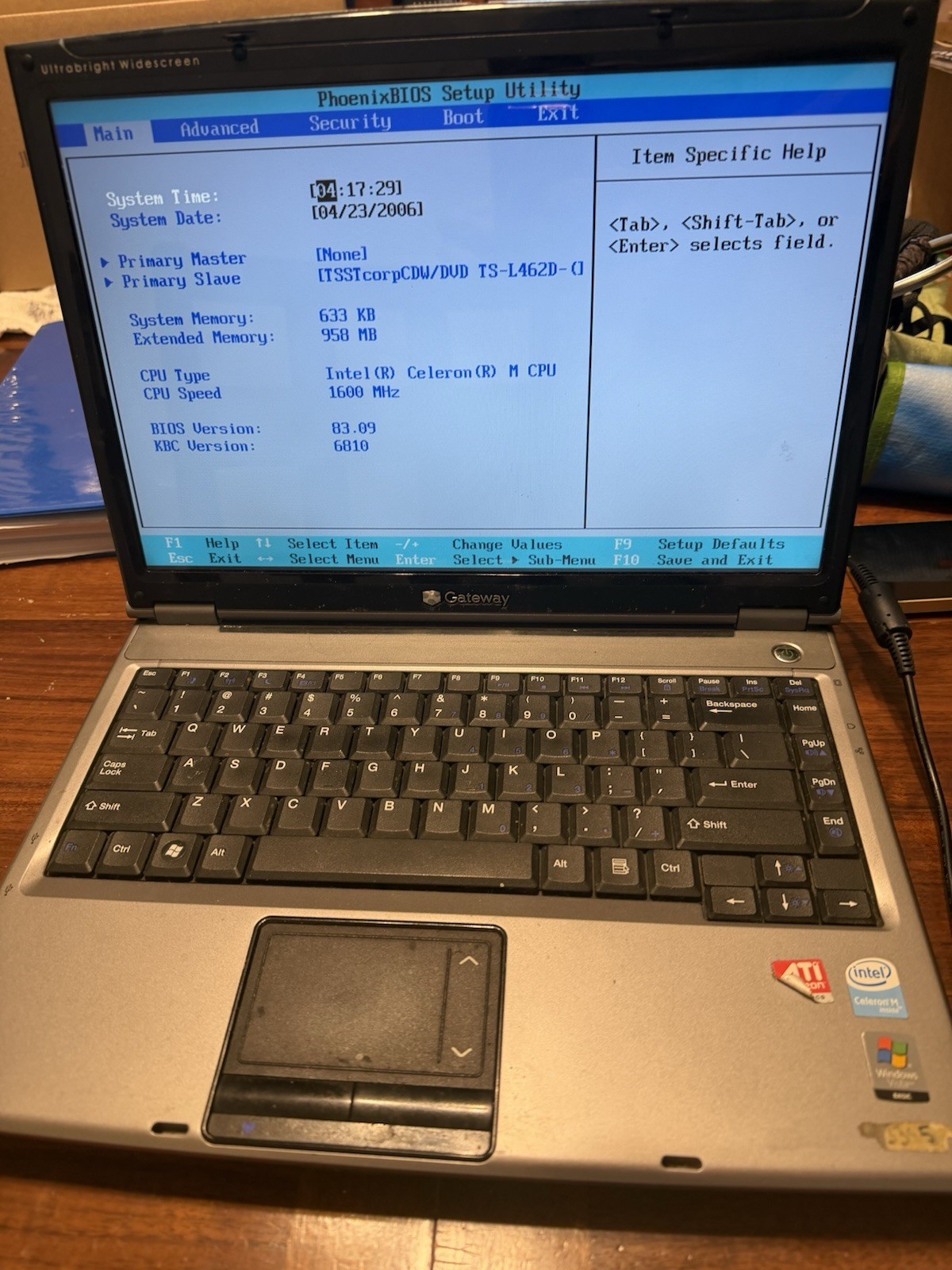 Gateway W340UI Laptop – Intel Celeron M | No HDD | Charger & Battery Included
