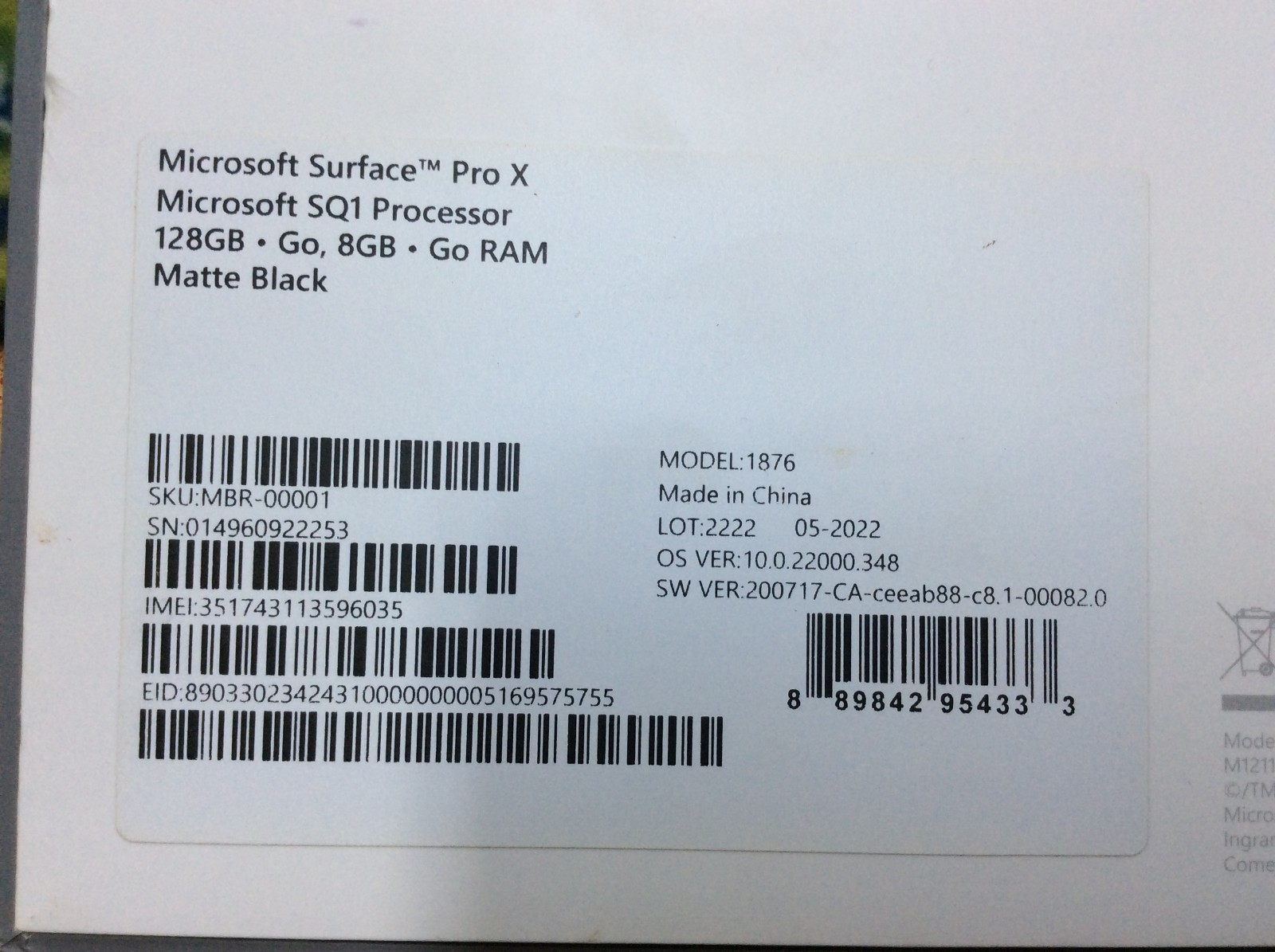 Microsoft Surface Pro X 1876 13″ SQ1 8GB RAM 128GB SSD in original box w/charger