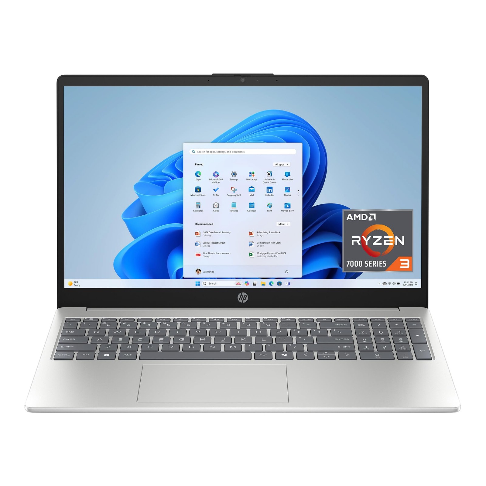 HP 15.6″ Touch Ryzen 3 7320U 8GB 128GB Win11 Home S Mode Silver 15- fc0099nr