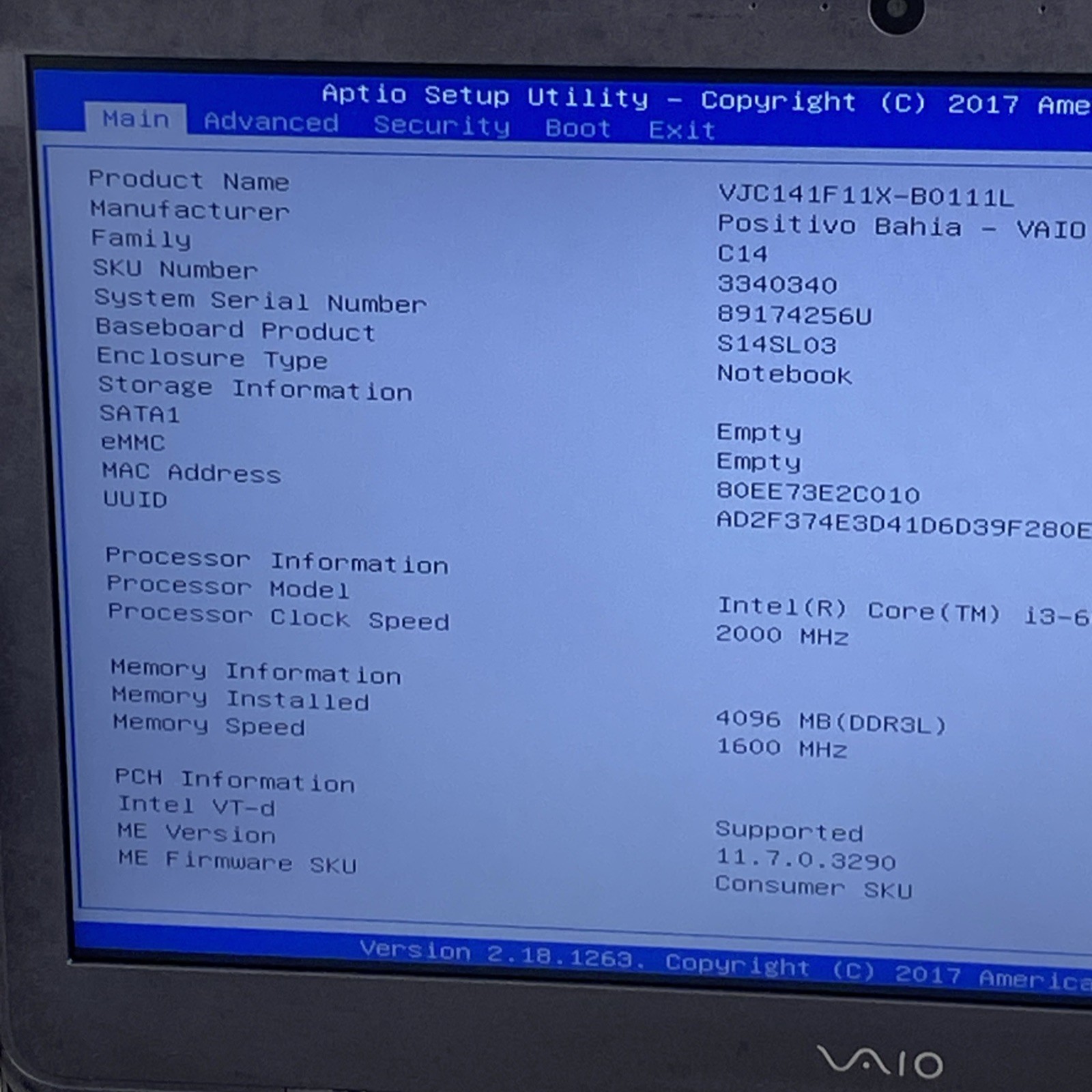 Sony Vaio VJC141 Intel Core i3-6006U 2.00GHz 4GB RAM 14″ No HDD No OS
