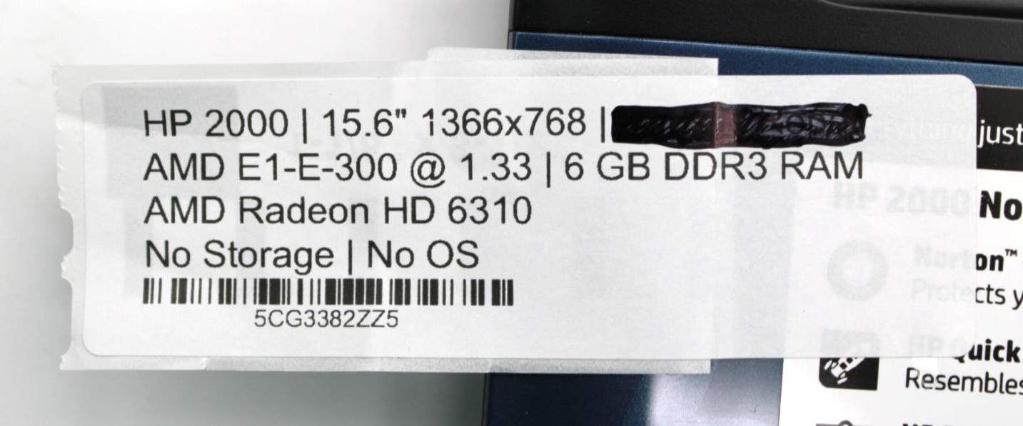HP 2000-2d11DX AMD E1-E-300@1.33GHz 6GB DDR3 NO STORAGE OR OS *USED/TESTED*