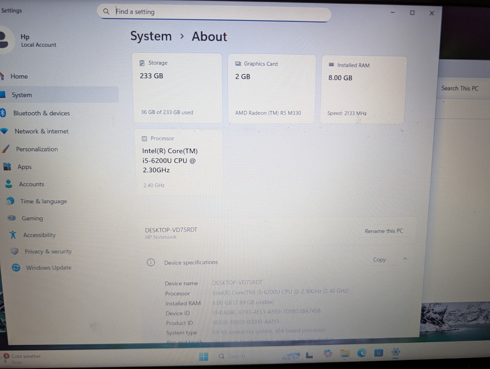 HP 15-ay503tx I5-6200U 2.3GHZ 250GB SSD 8GB RAM | WIN11 | Radeon R5 M330 2GB