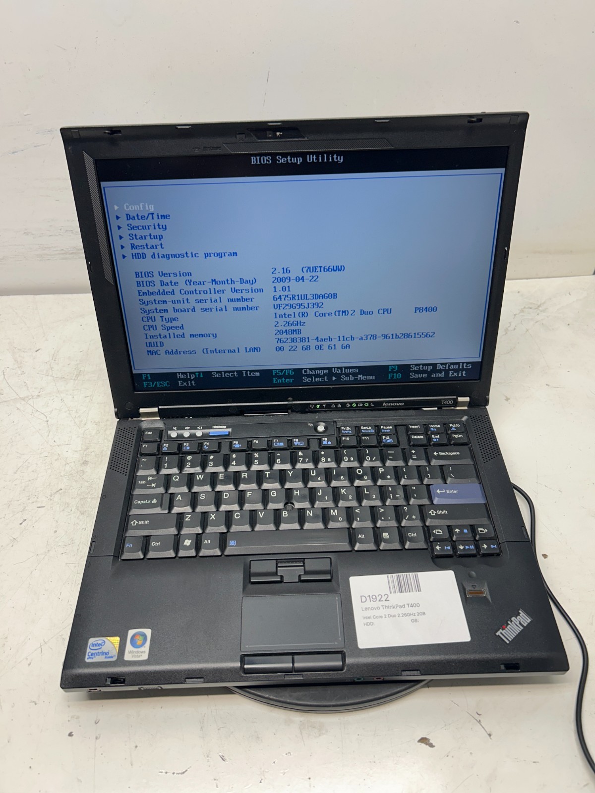 Lenovo ThinkPad T400 Intel Core 2 Duo 2.26GHz 2GB NO HDD