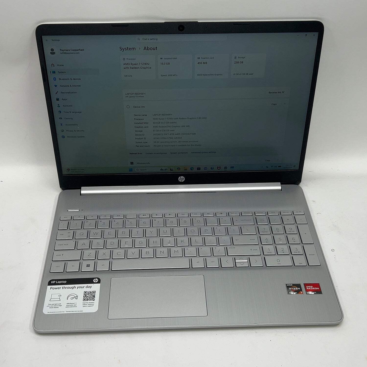 HP Laptop 15-EF1183OD 15.6″ Ryzen 7 5700U 1.8GHz 16GB RAM 256GB SSD