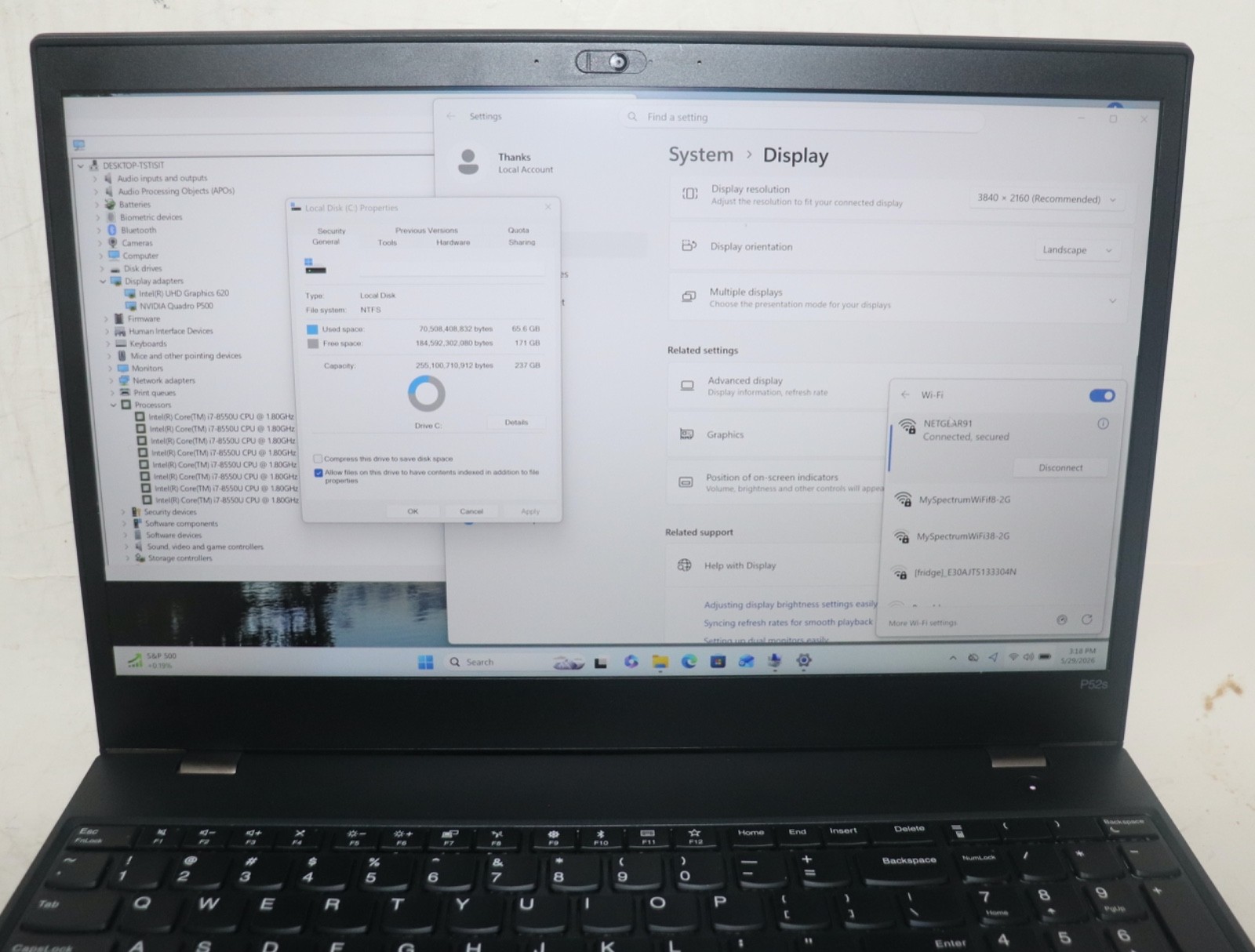 Lenovo ThinkPad P52s|Intel core i7@1.80GHz|32GB RAM|256GBSSD|WIN11.Prof|NVIDIA