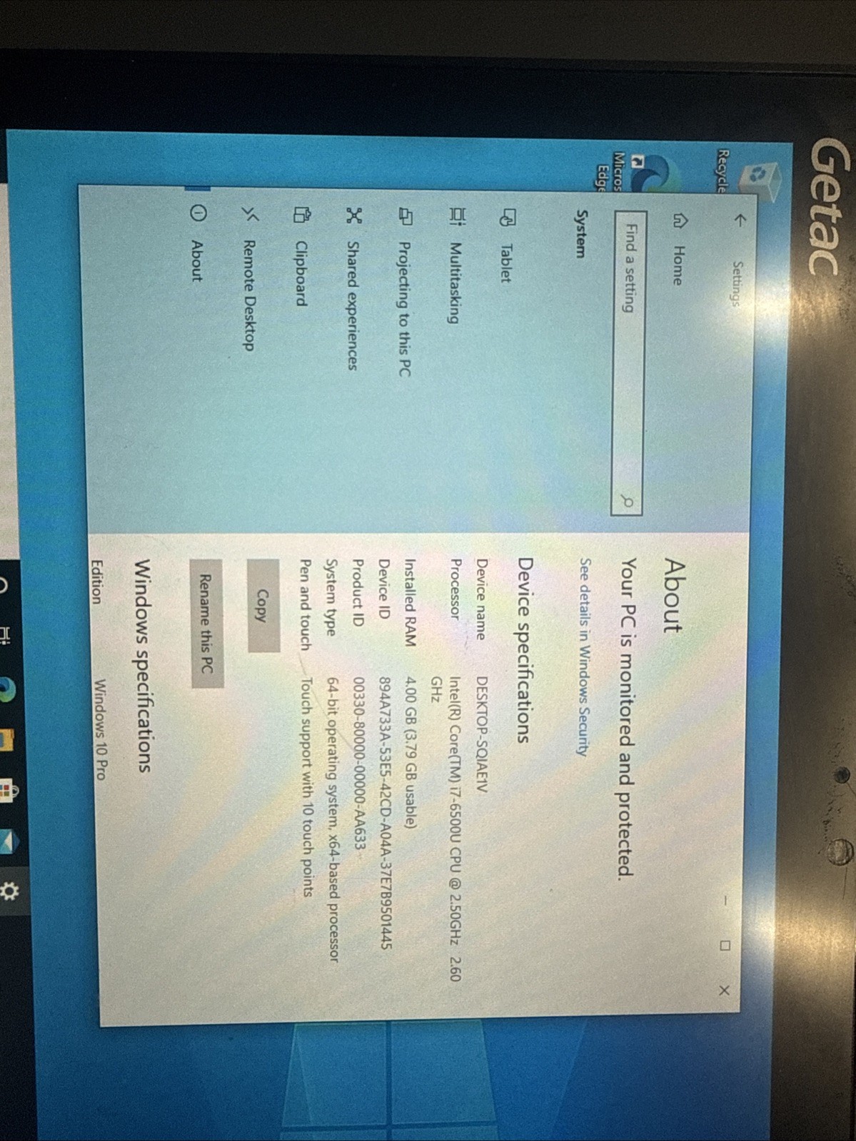 GETAC F110 G3 Rugged Tablet i7-6500U 2.50GHz 256GB SSD 4GB Ram Win10Pro