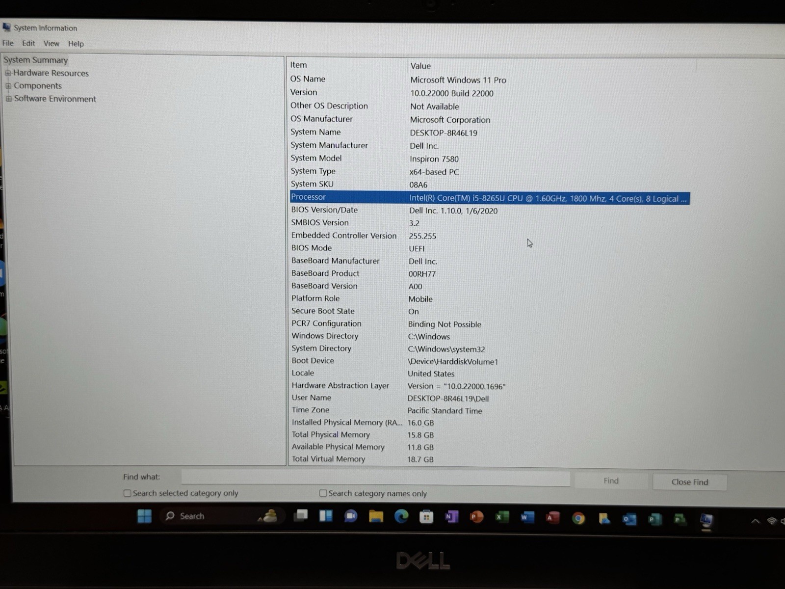 Dell Inspiron 7580 15” i5 8265U 1.6GHz 16GB RAM 256GB SSD NVIDIA GeForce MX150