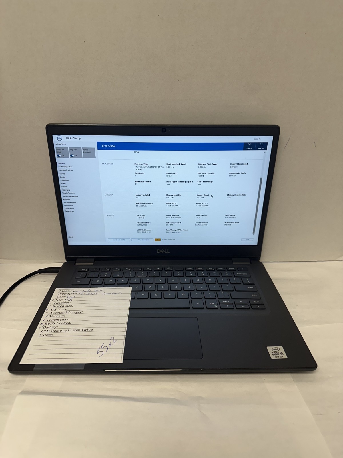 Dell Latitude 3410 i5-10th Gen/8GB RAM (No OS or Charger) Read Desc.