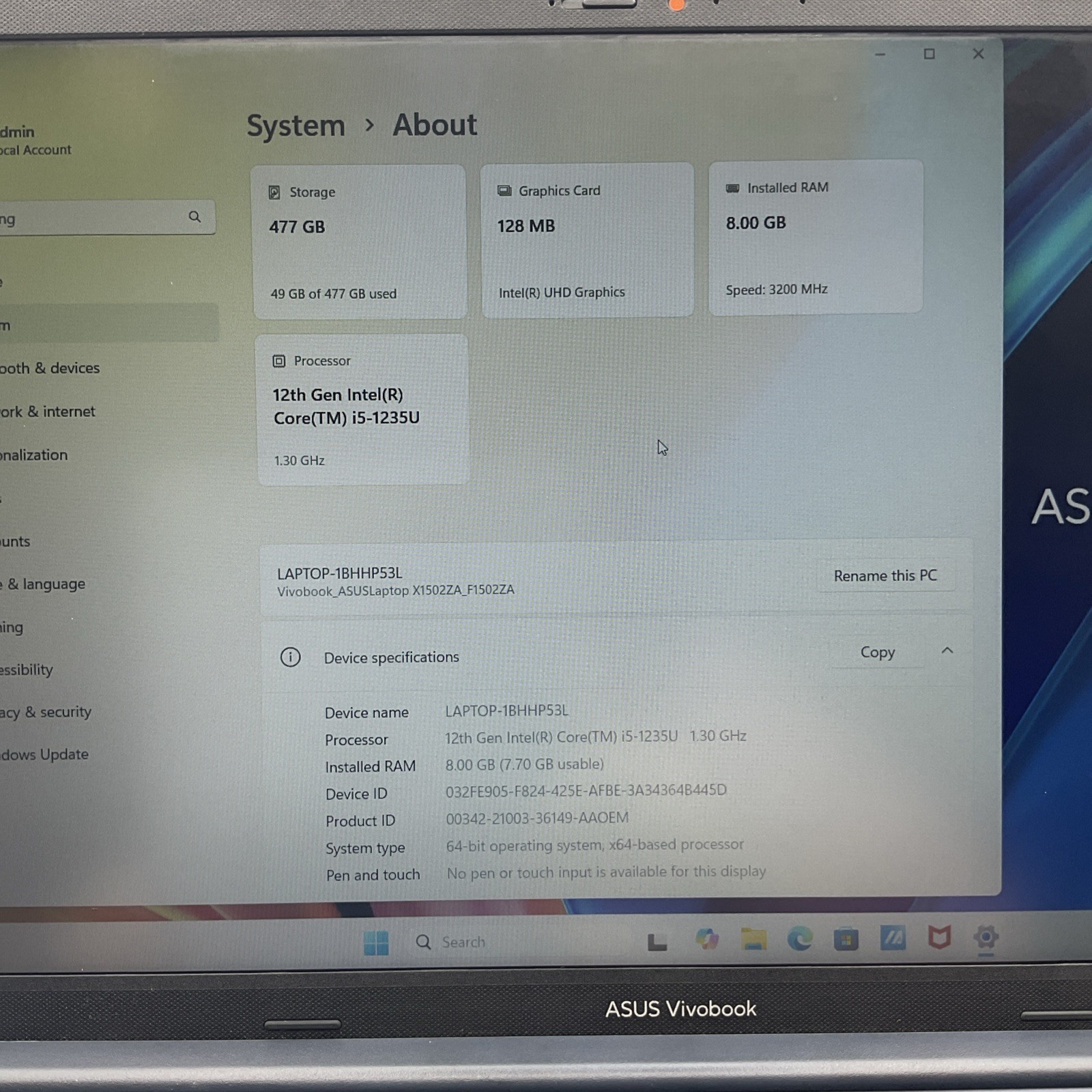 ASUS Vivobook F1502ZA-WS51 15.6″ i5-1235U 8GB RAM With Dell Backpack PO1520P