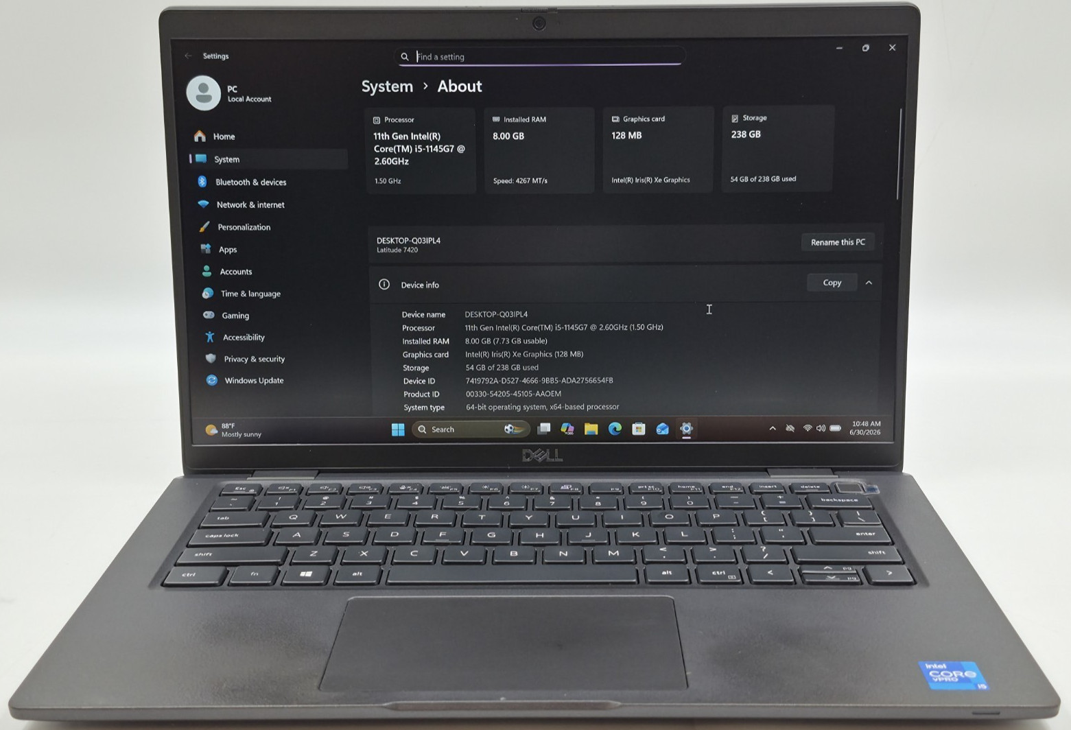 Dell Latitude 7420 Laptop i5-1145G7 2.60GHz 8GB RAM 256GB NVMe SSD Win 11 Pro