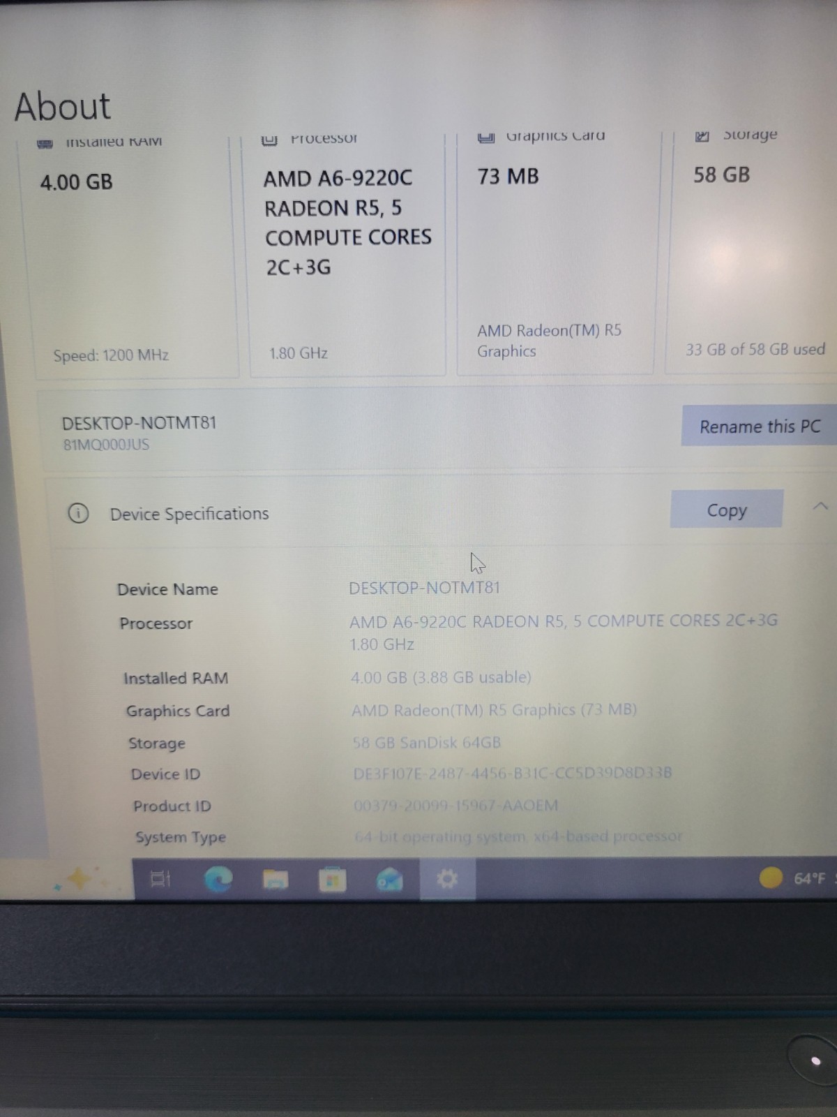 This Is a Lenovo 14 Model: TYPE 81MQ- 000JUS – Used, Clean Win Installed